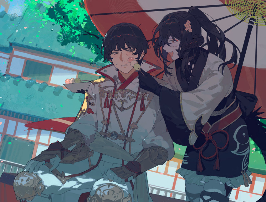 1boy, 1other, asahi_sas_brutus, au_ra, black_hair, black_horns, black_scales, bowl_cut
