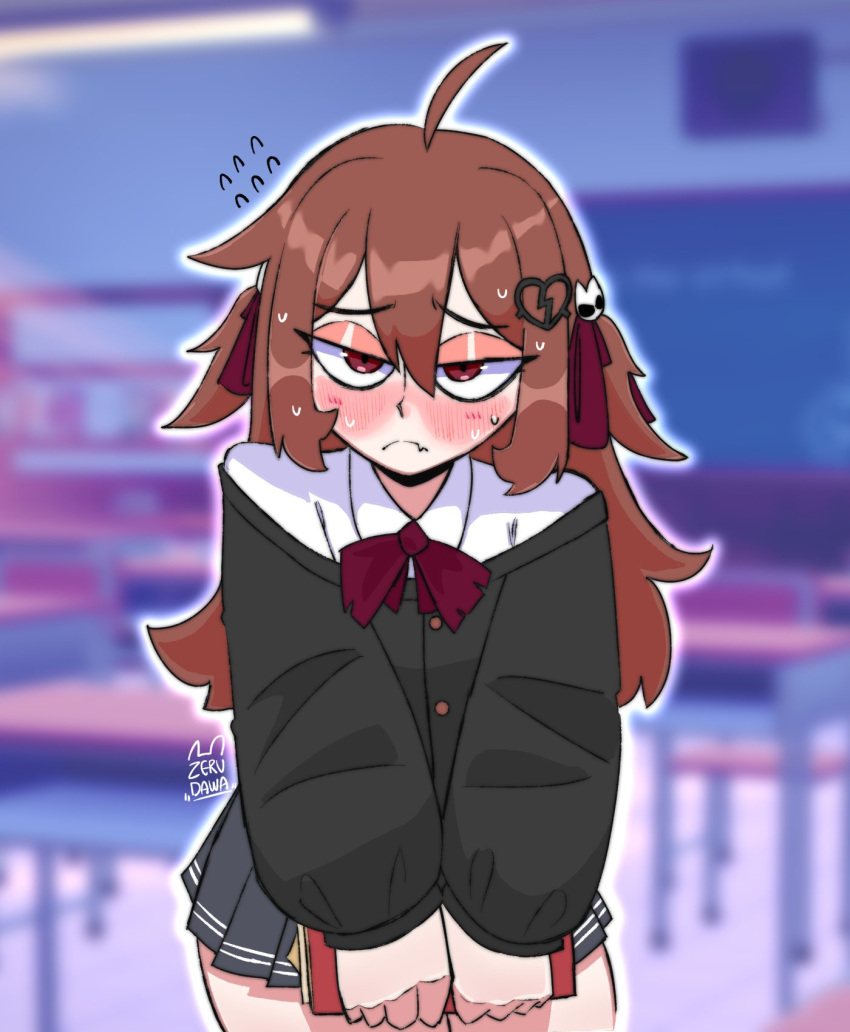 1girl, ahoge, black_cardigan, black_skirt, blush, book, bow, bowtie