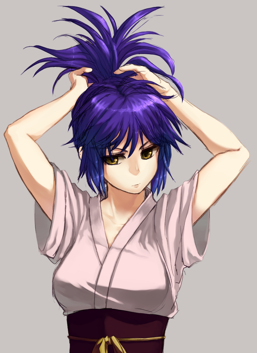 arms_up, himajinu_ocha, hunter_x_hunter, japanese_clothes, machi_(hunter_x_hunter), obi, ponytail, purple_hair