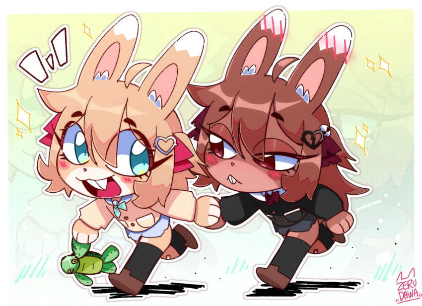 2girls, :<, :3, :d, ahoge, animal_ear_fluff, animal_ears, aqua_neckerchief