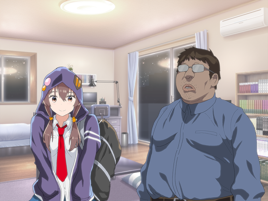 1boy, 1girl, anime_coloring, bag, blue_shirt, blue_skirt, blush, brown_eyes
