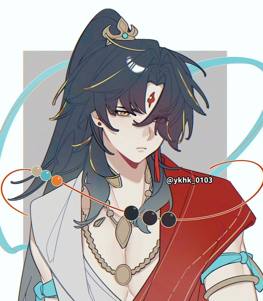 1boy, armlet, black_hair, blade_(honkai:_star_rail), chinese_clothes, closed_mouth, commentary, eyes_visible_through_hair