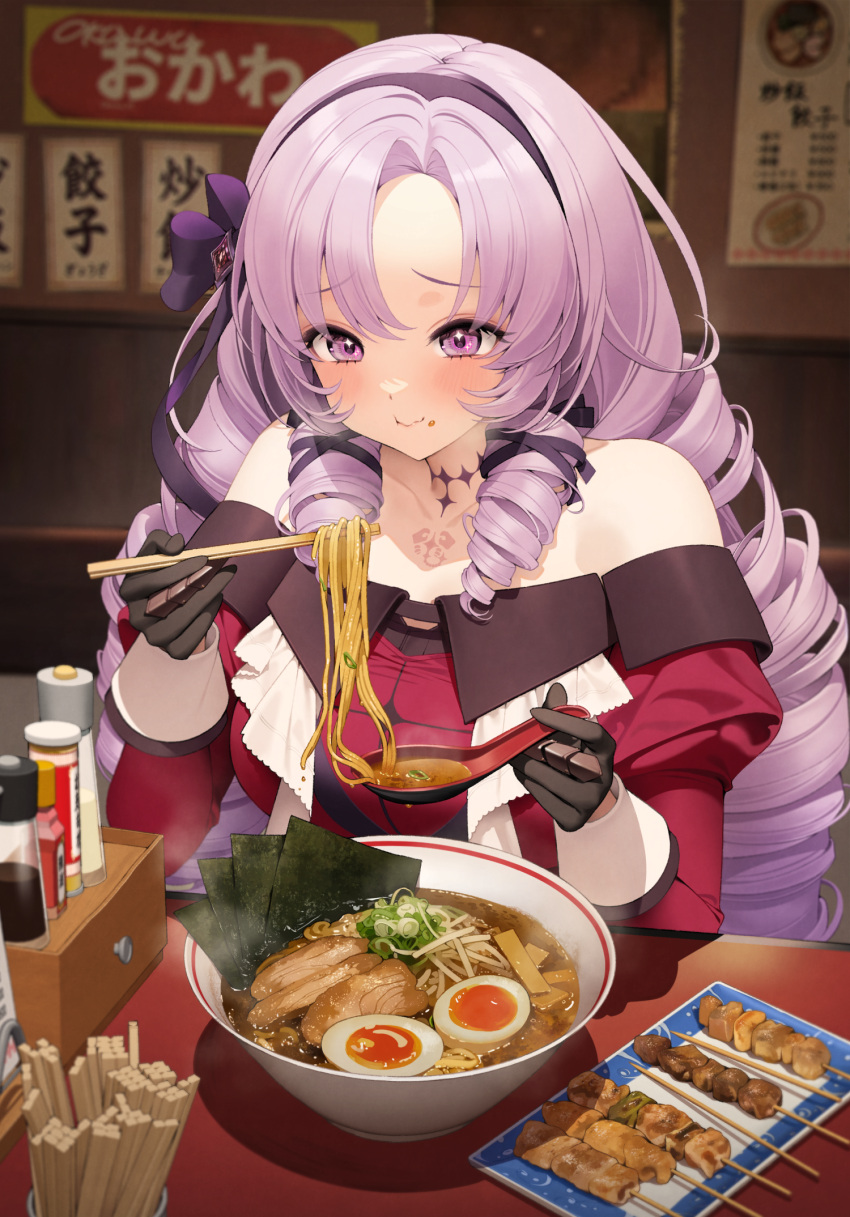 1girl, bare_shoulders, black_gloves, blush, bow, bowl, breasts, char_siu