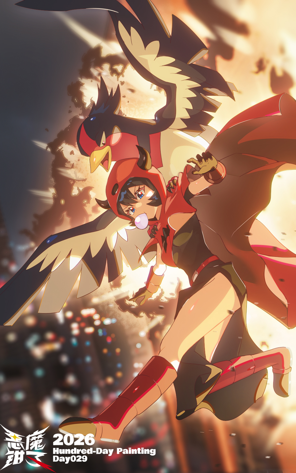 1girl, beak, bird, black_dress, black_gloves, black_hair, blowing_bubble_gum, blue_eyes