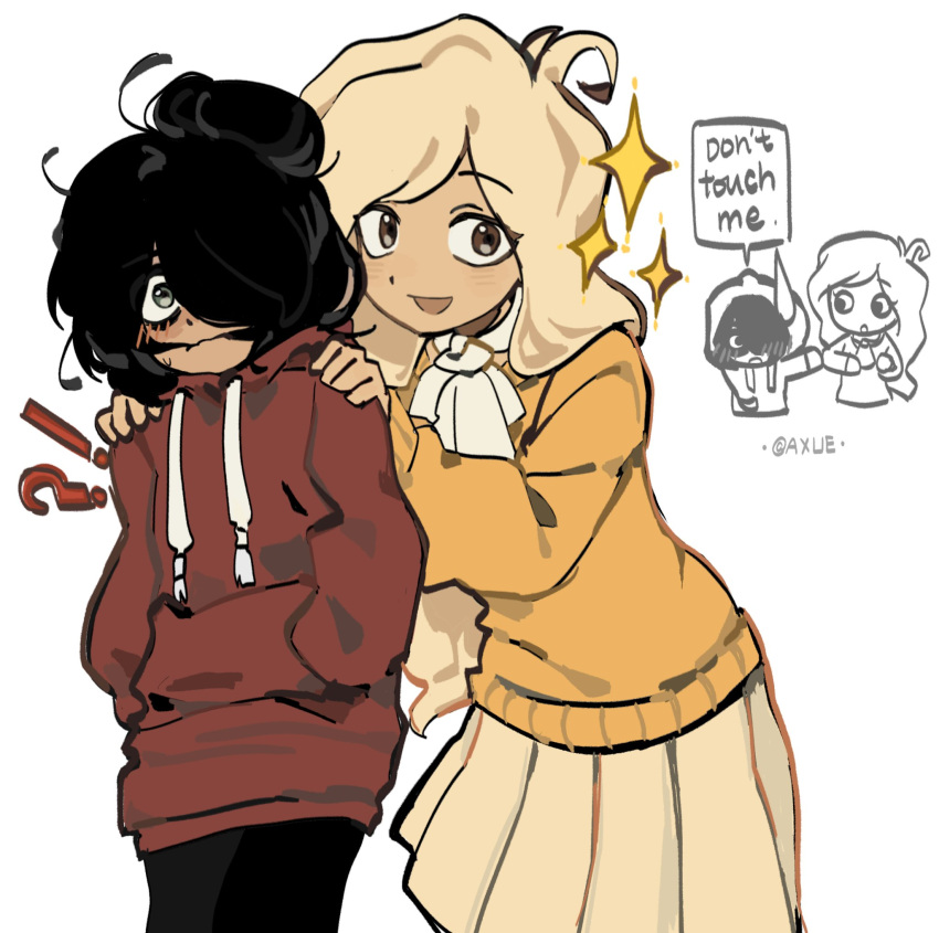 !?, 2girls, axue0w0, black_hair, black_pants, blonde_hair, brown_eyes, coco_schoppenboer