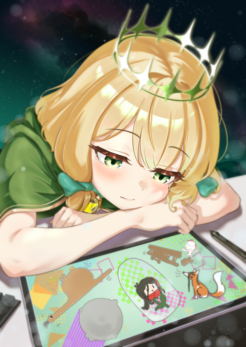 1girl, absurdres, aris_(blue_archive), arm_pillow, arms_on_table, bell_jar, blonde_hair, blue_archive
