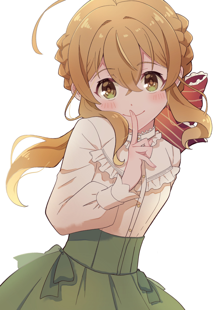 1girl, absurdres, ahoge, blush, bow, braid, brown_eyes, closed_mouth