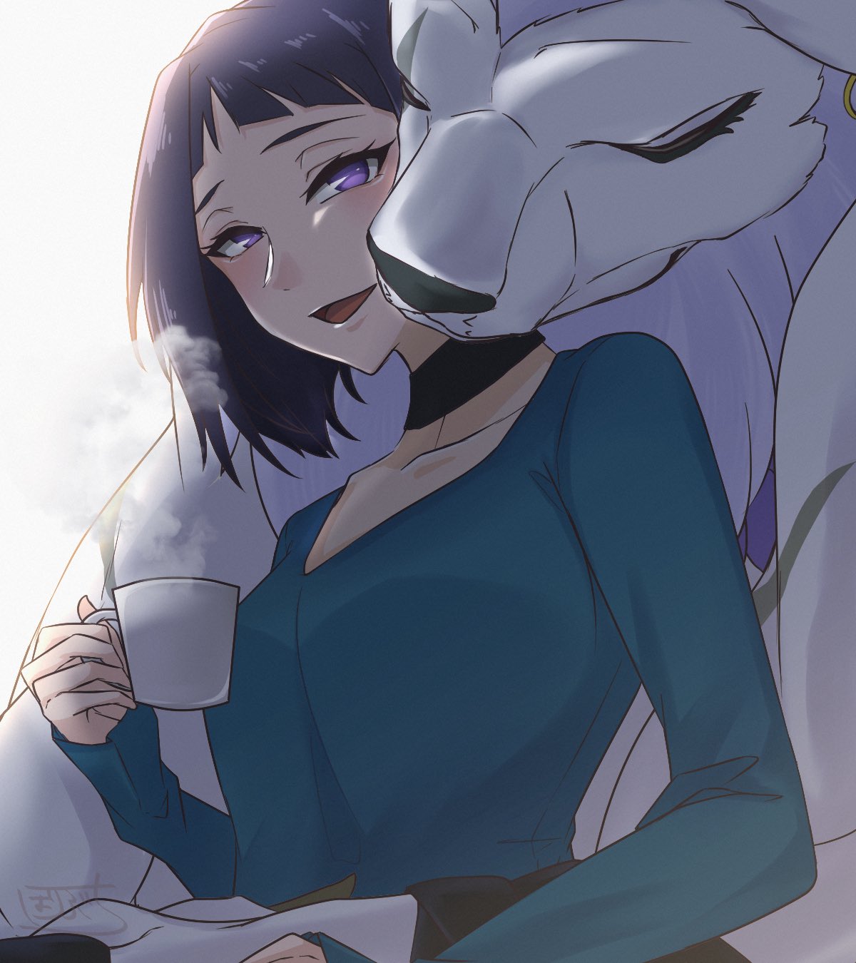 1boy, 1girl, black_hair, breasts, closed_eyes, cup, digimon, digimon_(creature)