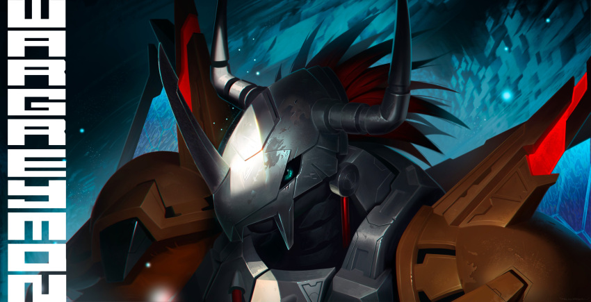absurdres, armor, character_name, commentary, digimon, digimon_(creature), dragon, green_eyes, highres, horns, maniwarren, official_alternate_costume, red_hair, shoulder_armor, shoulder_spikes, spikes, upper_body, wargreymon