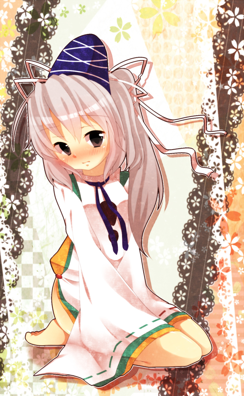 barefoot, black_eyes, blush, bottomless, brown_eyes, hat, highres, japanese_clothes, kagami_reido, mononobe_no_futo, ponytail, sakura_hazuki, seiza, short_hair, silver_hair, sitting, sleeves_past_wrists, solo, tate_eboshi, touhou