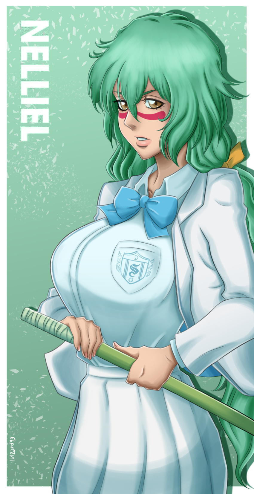 1girl, absurdres, bleach, bleach:_the_high_school_warfare, border, bow, breasts, brown_eyes, character_name, collared_shirt, commentary, cowboy_shot, dress_shirt, english_commentary, eyelashes, facial_mark, green_background, green_hair, hair_between_eyes, hair_bow, highres, holding, holding_sword, holding_weapon, ivizard, large_breasts, lips, long_hair, looking_at_viewer, low_twintails, nelliel_tu_odelschwanck, nose, outside_border, parted_lips, pleated_skirt, school_uniform, shirt, sidelocks, simple_background, skirt, solo, sword, twintails, v-shaped_eyebrows, very_long_hair, weapon, white_border, white_shirt, white_skirt, yellow_bow