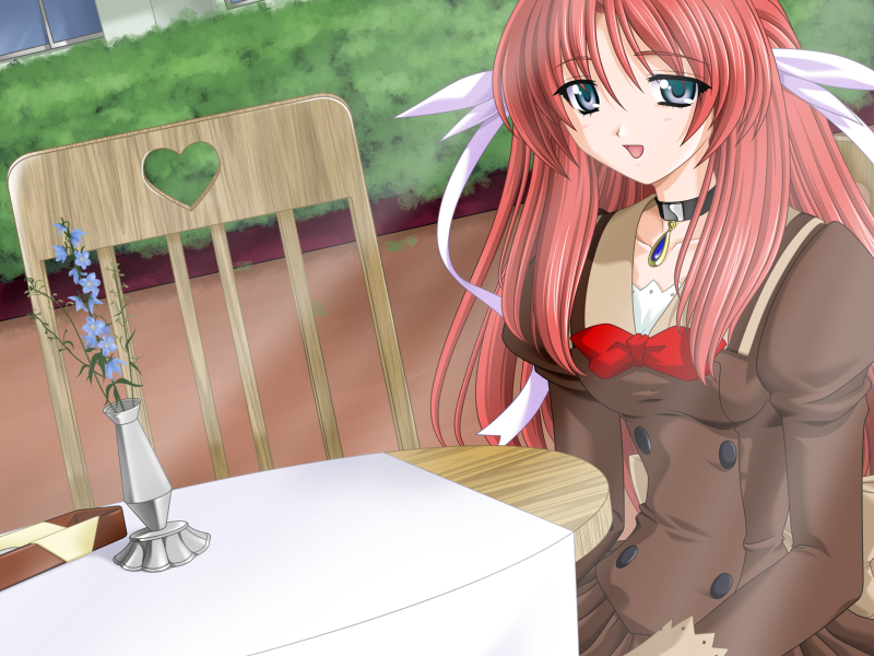 1girl, 2000s_(style), blue_eyes, blush, bow, brooch, chair, choker