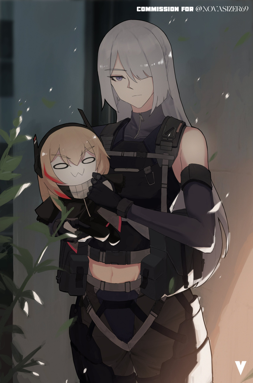 0w0, 2girls, :|, absurdres, ak-15_(girls'_frontline), ammunition_pouch, armor, artist_logo
