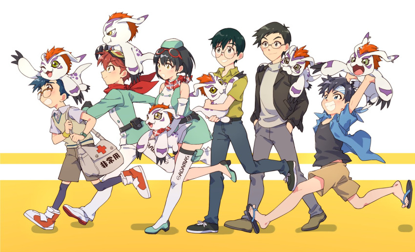 1girl, 5boys, animal_on_head, bare_shoulders, black_hair, black_jacket, blue_pants, breasts