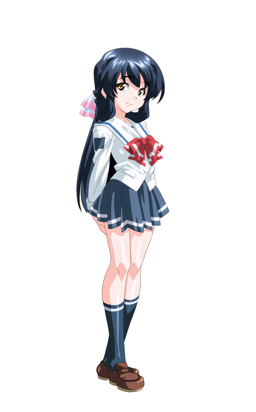 1girl, anime_coloring, arms_behind_back, black_hair, blue_skirt, blue_socks, bow, breasts