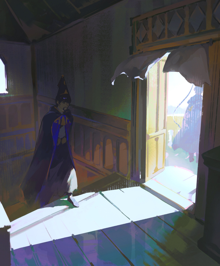 2boys, absurdres, beard, black_cloak, black_hair, black_pants, cloak, closed_mouth, commentary, conical_hat, connected_beard, english_commentary, facial_hair, hat, hat_tassel, highres, indoors, male_focus, multiple_boys, olruggio_(tongari_boushi_no_atelier), open_door, pants, qifrey_(tongari_boushi_no_atelier), short_hair, standing, sunlight, tenriblu, tongari_boushi_no_atelier, tunic, walking, white_tunic, wizard_hat