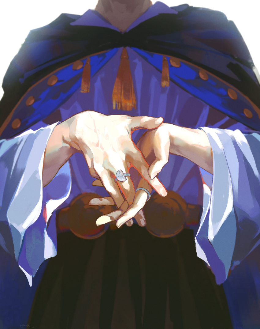 1boy, absurdres, black_cloak, black_pants, cloak, commentary, english_commentary, hand_focus