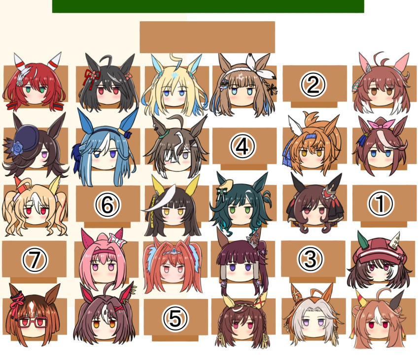 admire_groove_(umamusume), ahoge, almond_eye_(umamusume), animal_ears, annotated, bowler_hat, buena_vista_(umamusume), calstone_light_o_(umamusume)