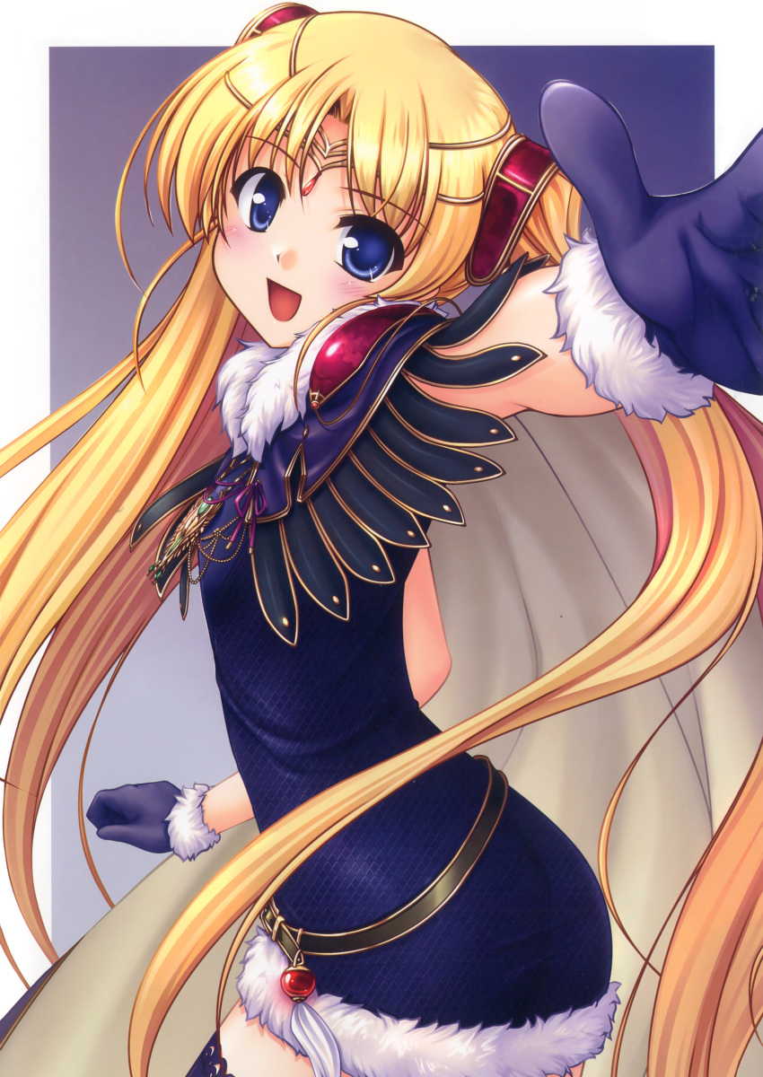 1girl, absurdres, aiyoku_no_eustia, august_soft, bekkankou, blonde_hair, blue_eyes, cape, colo, female, gloves, hair_ornament, highres, licia_de_novus_yurii, long_hair, open_mouth, smile, solo, thighhighs, tiara