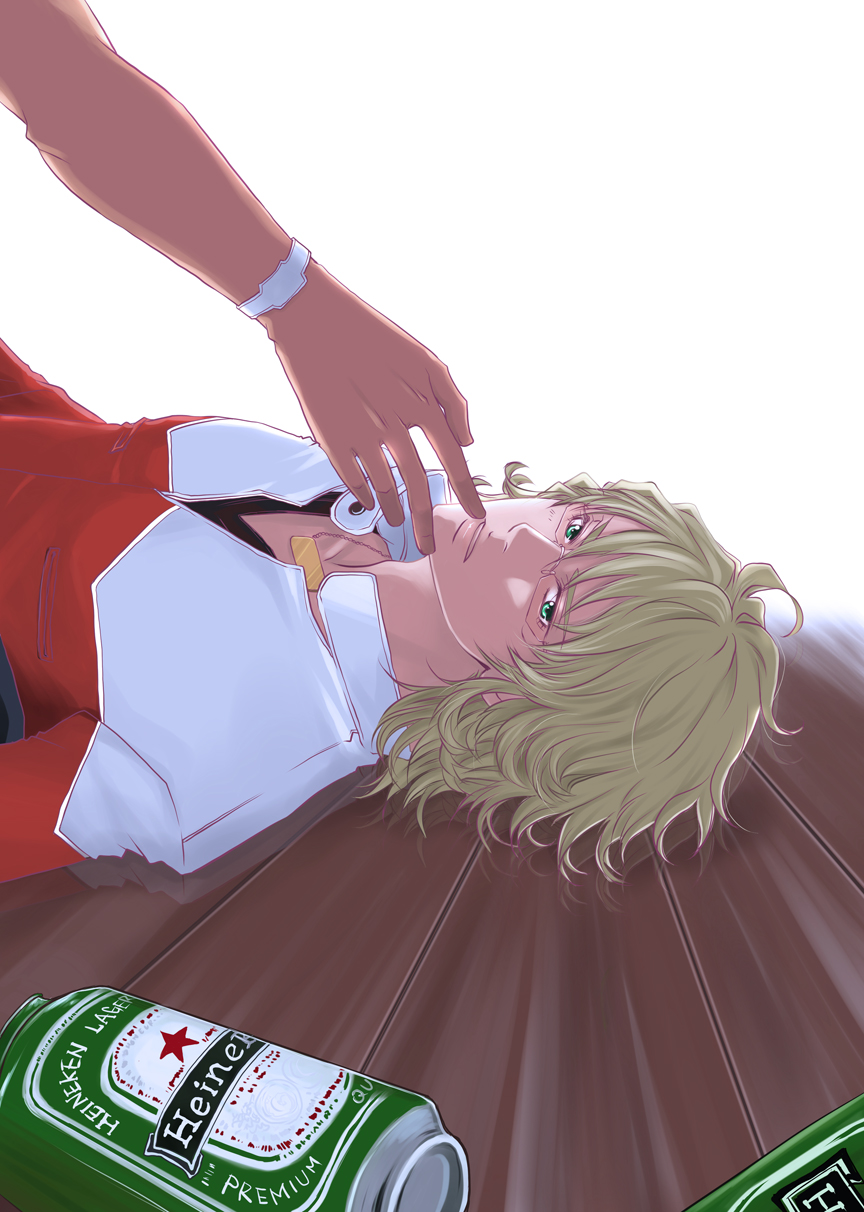 akilove0910, barnaby_brooks_jr, beer, blonde_hair, glasses, green_eyes, heineken, highres