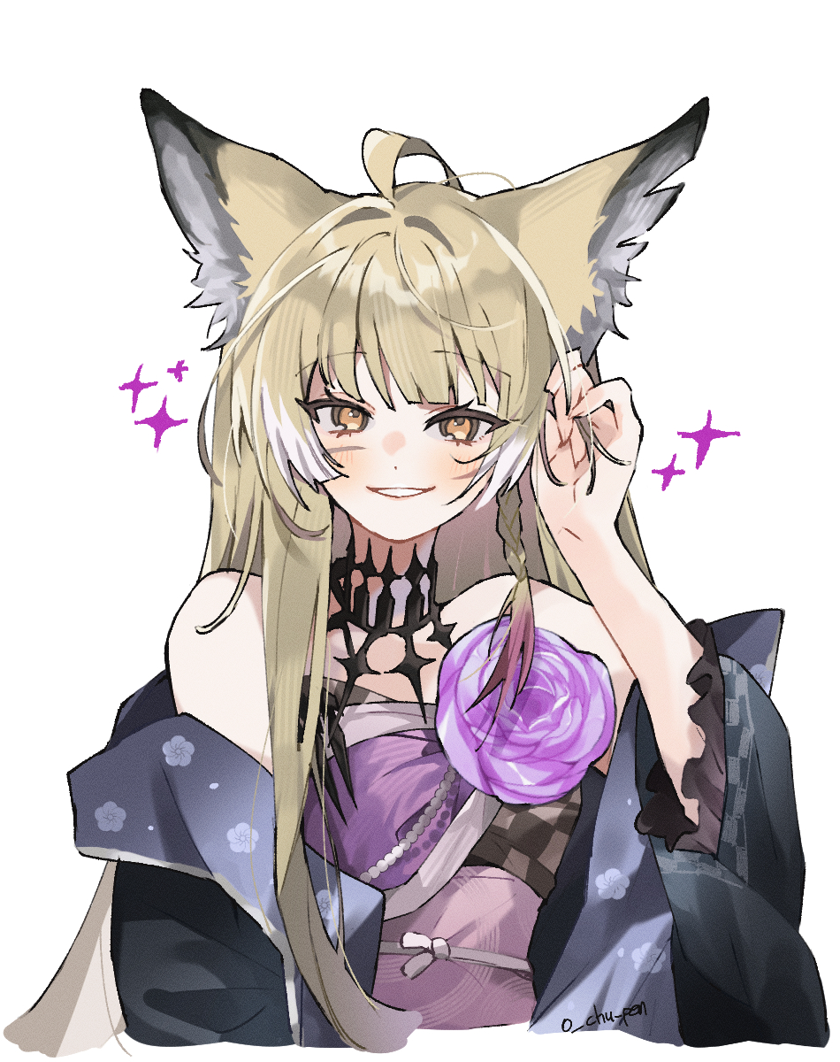 1girl, ahoge, animal_ear_fluff, animal_ears, arknights, brown_eyes, commentary_request, flower
