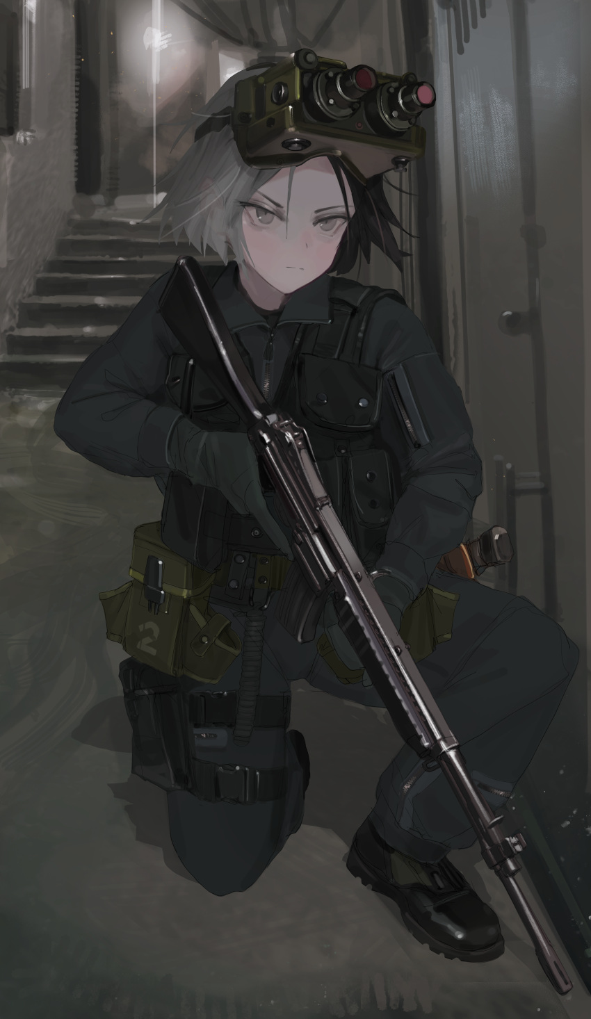 1girl, absurdres, assault_rifle, black_boots, black_hair, boots, bulletproof_vest, closed_mouth