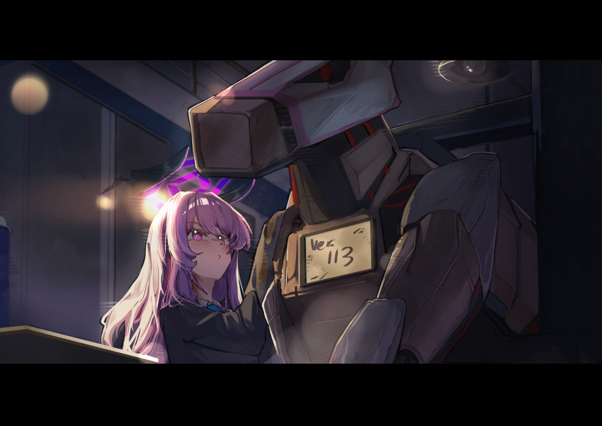 1girl, absurdres, black_sweater, blue_archive, blush, halo, highres, letterboxed, long_hair, minibi_(minibeat), non-humanoid_robot, purple_hair, purple_halo, robot, robot_animal, robot_horse, solo, sweater, utaha_(blue_archive), violet_eyes