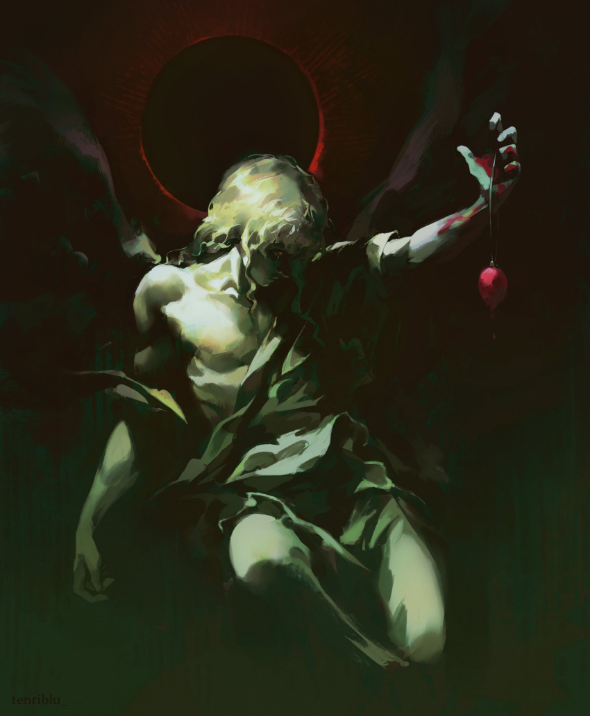 1boy, absurdres, artist_name, behelit, berserk, blood, blood_on_hand, closed_mouth, commentary, crying, crying_with_eyes_open, curly_hair, eclipse, feet_out_of_frame, griffith_(berserk), highres, long_hair, looking_ahead, outstretched_arm, pectorals, red_eyes, sidelocks, solo, tears, tenriblu, white_hair, wings