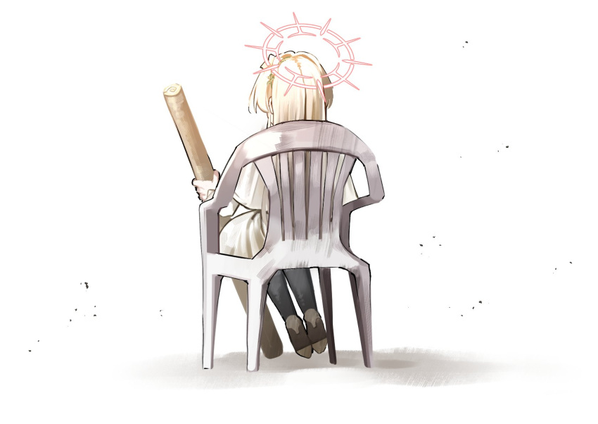 1girl, blonde_hair, blue_archive, cake, chair, commentary_request, dress, facing_away