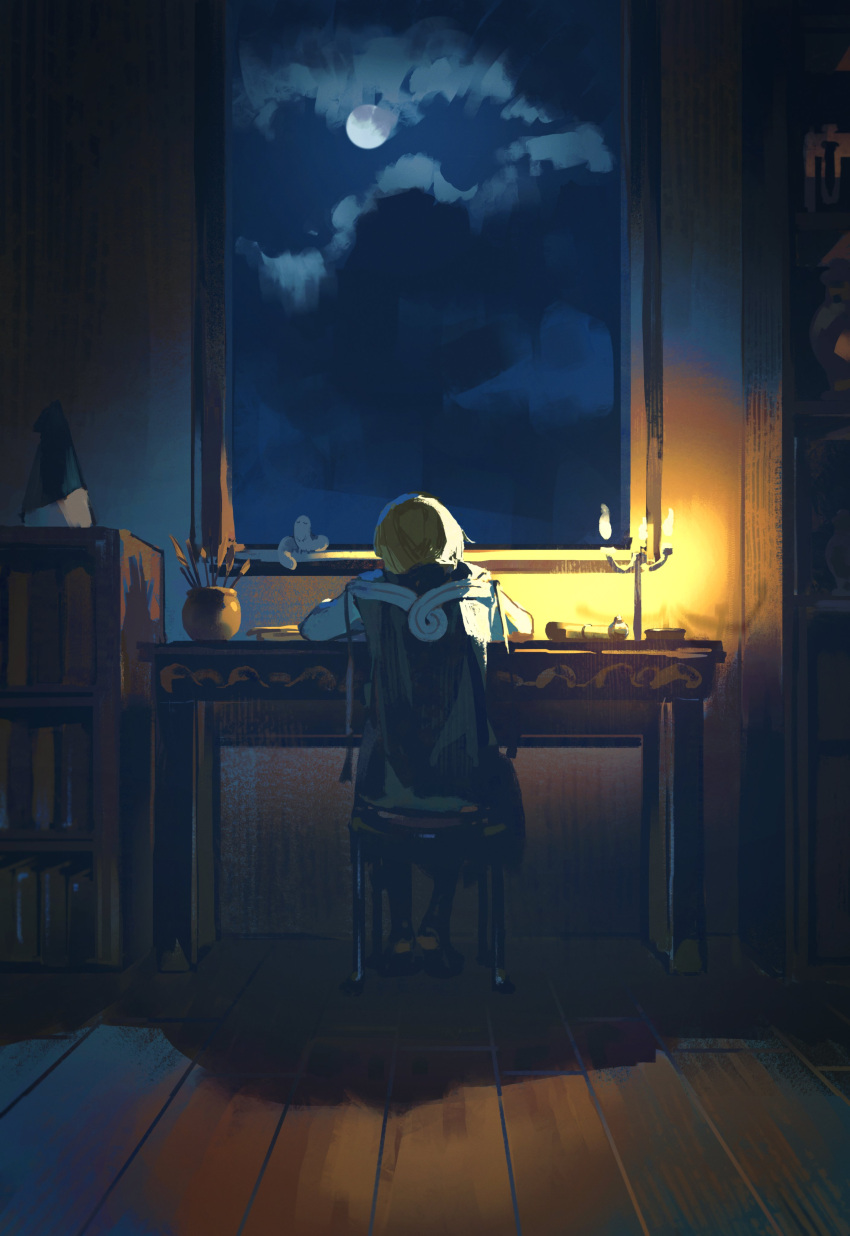 1girl, absurdres, book, bookshelf, candlelight, candlestand, cape, cloak