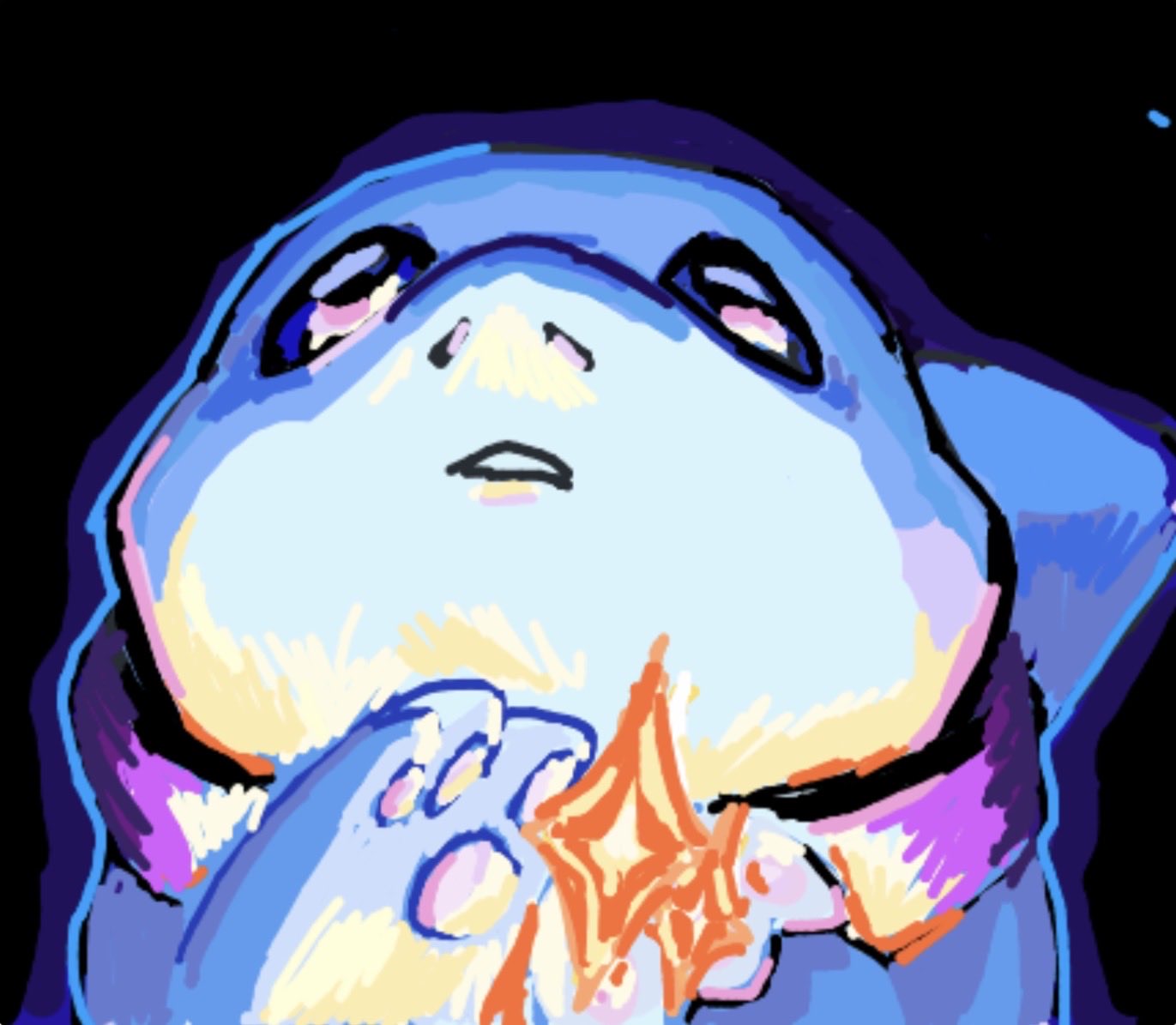 1boy, black_background, collar, english_commentary, jeff_the_land_shark, looking_up, marvel, marvel_rivals, pawpads, shark, shark_fin, sparkle, star_(symbol), wyleswelkin