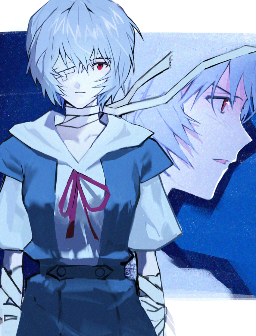 1girl, absurdres, ayanami_rei, bandaged_arm, bandages, blue_background, blue_dress, blue_hair, commentary, dress, eyepatch, highres, kuhuku36, looking_at_viewer, looking_to_the_side, medical_eyepatch, multiple_views, neck_ribbon, neon_genesis_evangelion, pinafore_dress, profile, red_eyes, ribbon, school_uniform, shirt, short_hair, sleeveless, sleeveless_dress, tokyo-3_middle_school_uniform, white_shirt