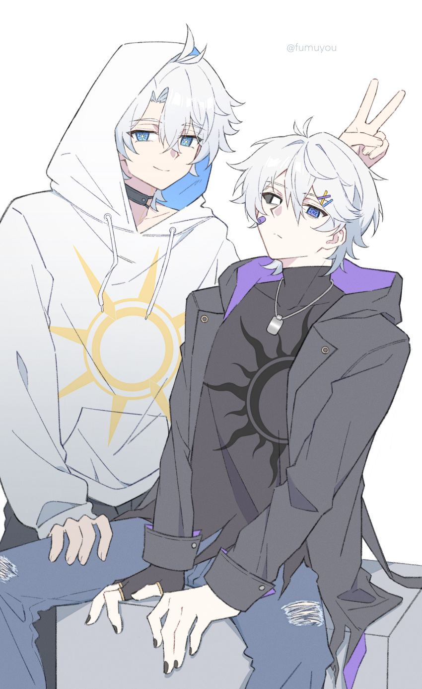 2boys, absurdres, ahoge, alternate_costume, artist_name, bandaid, bandaid_on_cheek, bandaid_on_face