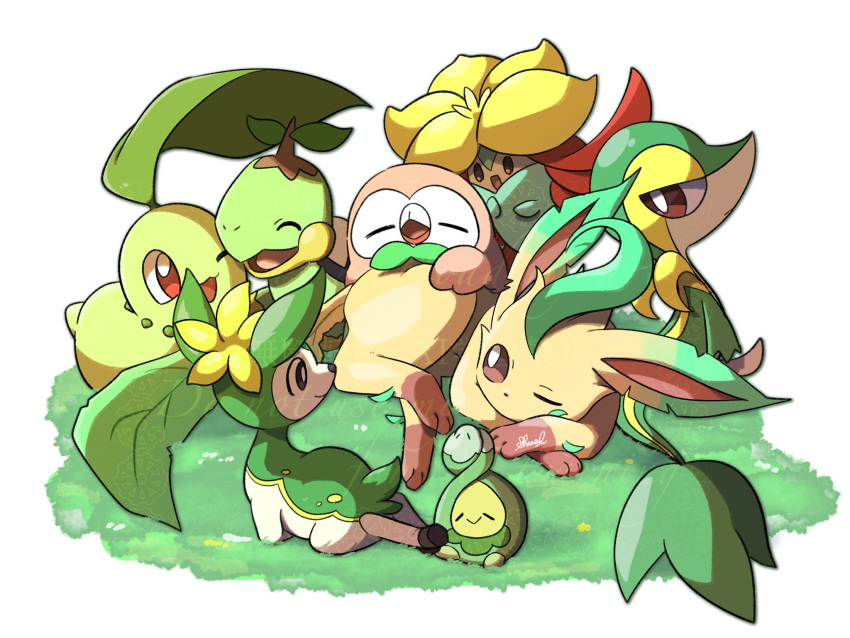 bright_pupils, brown_eyes, budew, chikorita, closed_eyes, closed_mouth, commentary_request, deerling