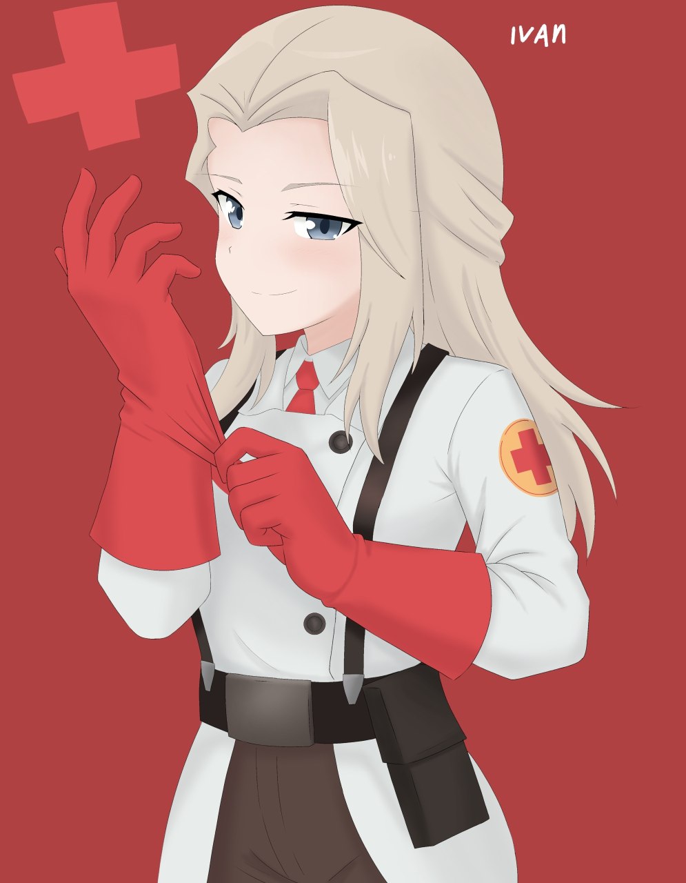 1girl, blonde_hair, clara_(girls_und_panzer), commentary, cross, disposable_gloves, gekitotsu!_joshikousei_oiroke_sensha_gundan, girls_und_panzer, girls_und_panzer_motto_love_love_sakusen_desu!, girls_und_panzer_senshadou_daisakusen!, highres, ivan_(2213432), light_smile, medic_(tf2), medical_scrubs, original, red_cross, simple_background, solo
