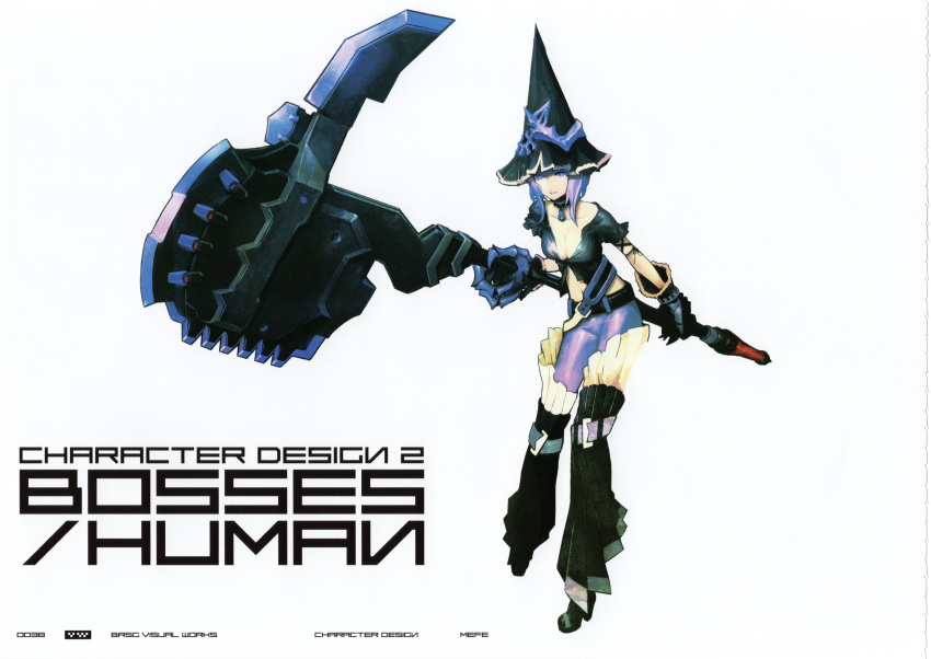 1girl, absurdres, axe, battle_axe, black_rock_shooter, black_rock_shooter_(game), breasts, concept_art, crossed_belts, hat, highres, huke, incredibly_absurdres, medium_breasts, mefe, official_art, production_art, purple_hair, short_hair, solo, weapon, white_background, witch_hat