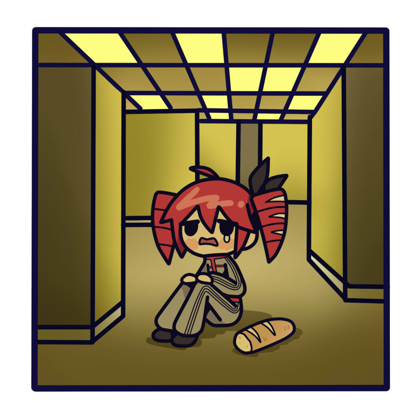 1girl, ahoge, akina_mochi, backrooms_(creepypasta), baguette, black_ribbon, blue_border, blush_stickers