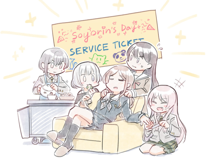 5girls, :3, bang_dream!, bang_dream!_it's_mygo!!!!!, black_hair, black_socks, blue_eyes, blue_shirt, blue_skirt, blush, chihaya_anon, closed_mouth, commentary_request, fang, filing_nails, green_necktie, green_skirt, grey_hair, grey_jacket, hanasakigawa_school_uniform, haneoka_school_uniform, heterochromia, highres, jacket, kaname_raana, long_hair, massage, mukiki, multicolored_hair, multiple_girls, mygo!!!!!_(bang_dream!), nagasaki_soyo, necktie, nervous_sweating, open_mouth, pink_hair, plaid_clothes, plaid_skirt, pleated_skirt, pouring, raana_the_cat, school_uniform, second-party_source, shiina_taki, shirt, short_hair, simple_background, sitting, skirt, slippers, socks, sweat, takamatsu_tomori, teapot, tsukinomori_school_uniform, violet_eyes, wavy_mouth, white_background, yellow_eyes