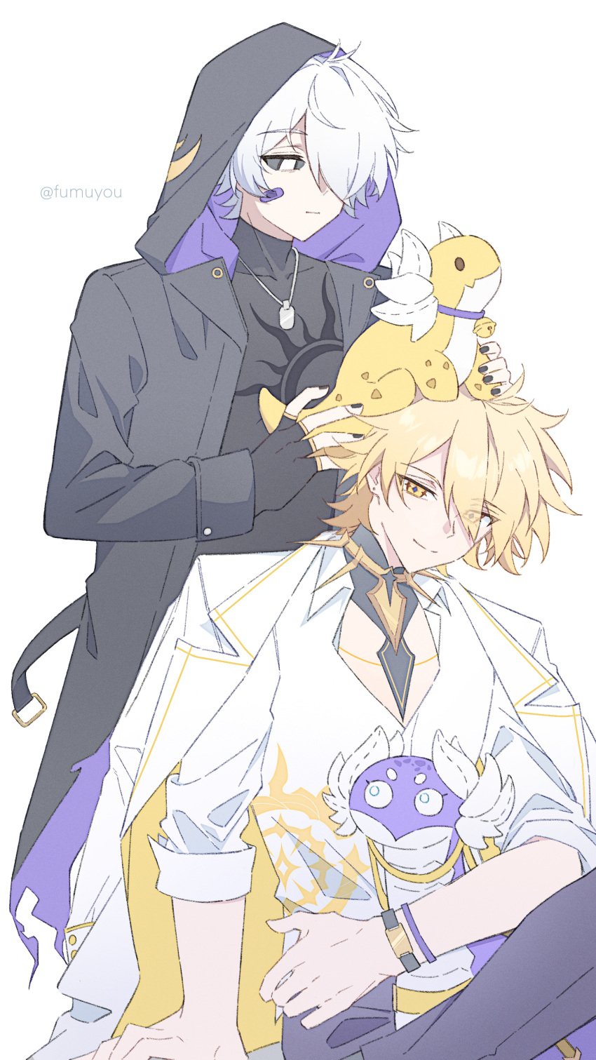 2boys, absurdres, alternate_costume, arm_support, bandaid, bandaid_on_cheek, bandaid_on_face, black_choker