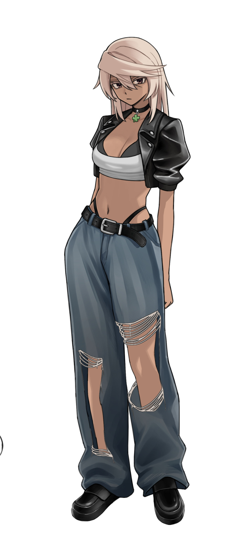 1girl, absurdres, baggy_pants, belt, black_bra, black_choker, black_jacket, black_panties, black_shoes, black_thong, blonde_hair, bra, bra_peek, breasts, brown_eyes, choker, clover, commentary, commentary_request, cropped_jacket, dark-skinned_female, dark_skin, execneet, expressionless, four-leaf_clover, full_body, guilty_gear, high-waist_panties, highres, jacket, leather, leather_jacket, looking_at_viewer, medium_breasts, medium_hair, midriff, navel, panties, pants, ramlethal_valentine, shoes, simple_background, sleeves_rolled_up, solo, strapless, torn_clothes, torn_pants, tube_top, underwear, white_background, white_tube_top