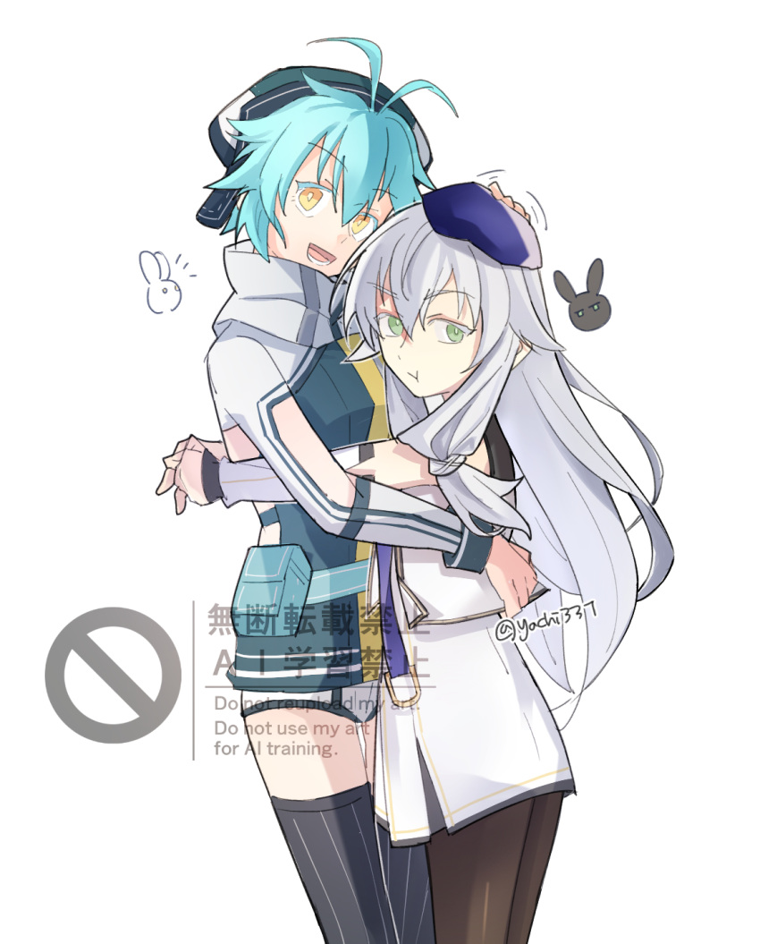 2girls, altina_orion, antenna_hair, argyle_clothes, argyle_thighhighs, beret, blue_hair, eiyuu_densetsu