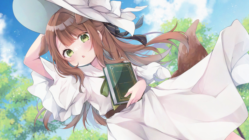 1girl, :o, absurdres, animal_ears, arm_up, belt, black_bow, blue_sky