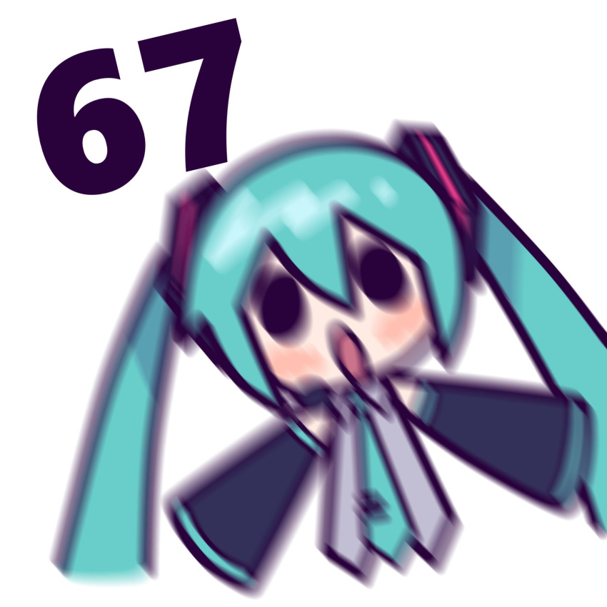 1girl, 67_(meme), akina_mochi, aqua_hair, aqua_necktie, black_sleeves, blurry, blush