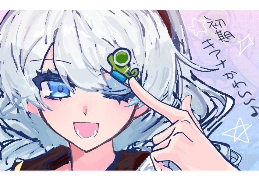 1girl, :d, blue_eyes, blue_eyeshadow, commentary, drill_hair, eyeshadow, hair_ornament, highres, honkai_(series), honkai_gakuen, hoyo4_0911, kiana_kaslana, looking_at_viewer, makeup, one_eye_closed, open_mouth, smile, solo, white_hair, writing