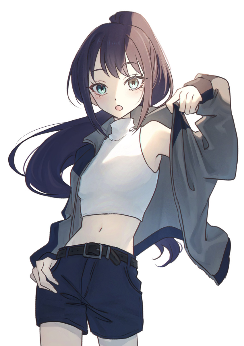 1girl, :o, absurdres, belt, black_belt, black_hair, blue_shorts, blush, breasts, cho_kaguya-hime!, commentary_request, cowboy_shot, crop_top, cropped_shirt, green_eyes, grey_jacket, hand_on_own_hip, hand_up, high_ponytail, highres, jacket, long_hair, long_sleeves, looking_at_viewer, midriff, mole, mole_under_eye, navel, open_clothes, open_jacket, open_mouth, ponytail, sakayori_iroha, shirt, shorts, sidelocks, simple_background, sleeveless, sleeveless_shirt, sleeves_past_wrists, small_breasts, solo, turtleneck, turtleneck_shirt, white_background, white_shirt, yr_uroy