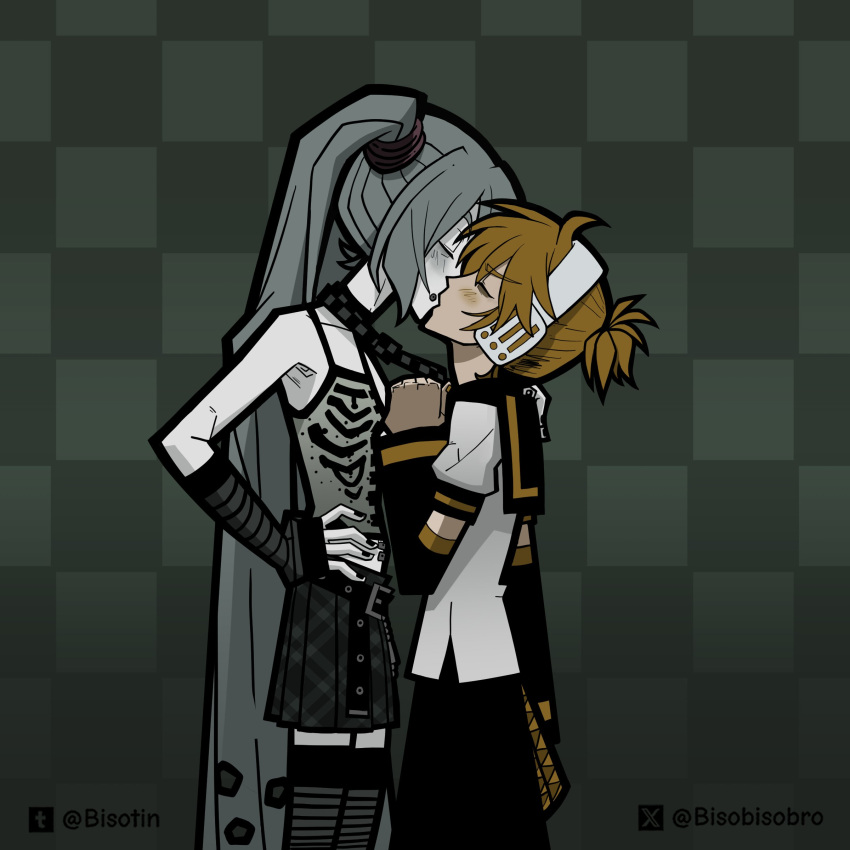 1boy, 1girl, absurdres, aqua_hair, arm_warmers, bags_under_eyes, bare_shoulders, belt