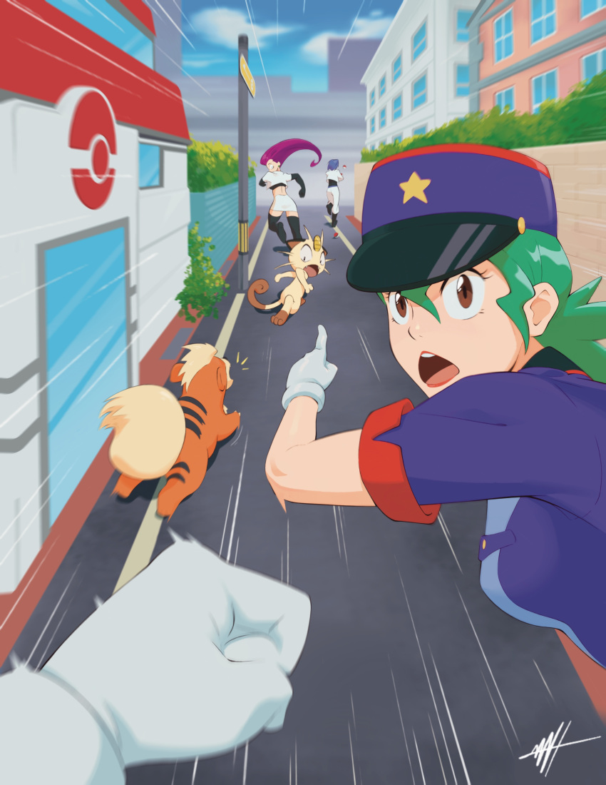 2girls, absurdres, alley, breasts, brown_eyes, chasing, city, day, fleeing, green_hair, growlithe, hat, highres, james_(pokemon), jessie_(pokemon), looking_at_viewer, matt_painte, medium_breasts, meowth, motion_lines, multiple_girls, officer_jenny, open_mouth, outdoors, peaked_cap, pointing, pokemon, pokemon_(creature), pokemon_center, police, police_uniform, policewoman, pov, running, speed_lines