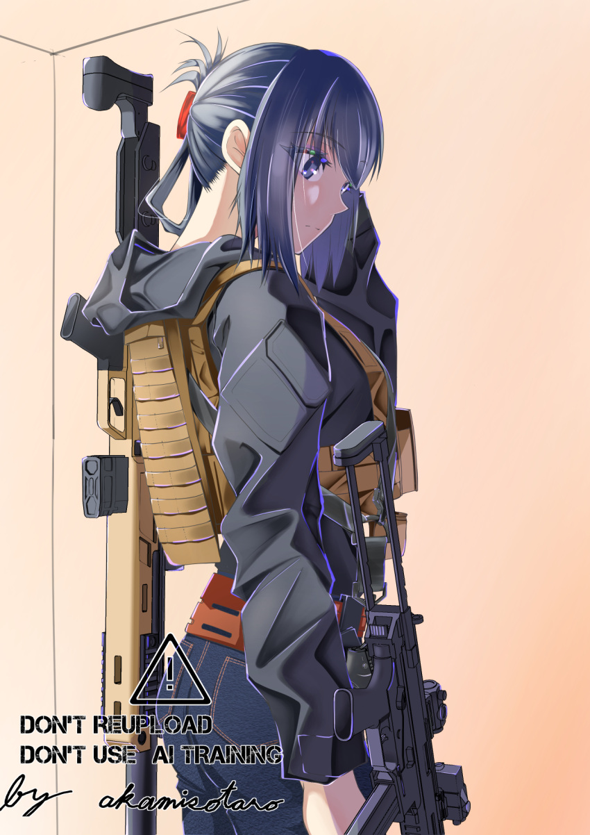 1girl, akamisotaro, artist_name, assault_rifle, b&amp;t_apc, black_jacket, blue_eyes, blue_halo