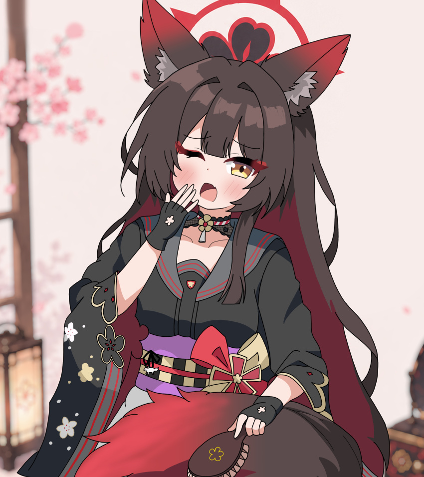 1girl, absurdres, animal_ears, black_gloves, black_halo, black_shirt, blue_archive, brown_hair, brown_tail, colored_inner_hair, dotoro474, fingerless_gloves, fox_ears, fox_girl, fox_tail, gloves, gradient_fur, gradient_tail, grey_sailor_collar, halo, highres, looking_at_viewer, multicolored_hair, multicolored_halo, one_eye_closed, open_mouth, red_hair, red_halo, red_tail, sailor_collar, shirt, solo, tail, two-tone_hair, two-tone_halo, wakamo_(blue_archive), yawning, yellow_eyes