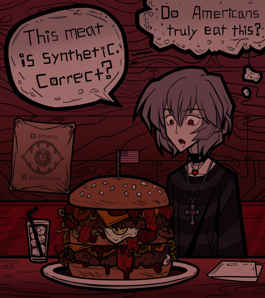 1girl, american_flag, ayanami_rei, bisotin_(bisobisobro), black_collar, blue_hair, burger, collar